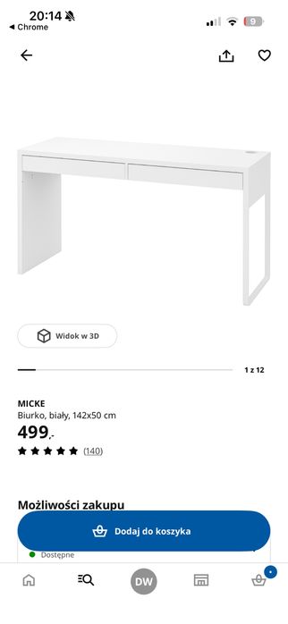 Biurko IKEA MICKE 142x50 cm – białe – 100 zł