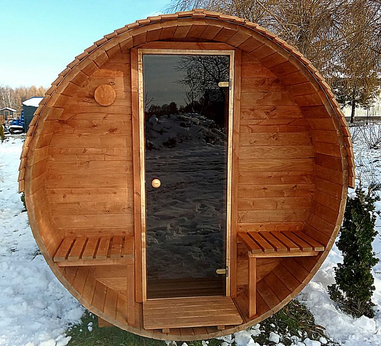 Sauna ogrodowa beczka, okrągła, z drewna olchowego, 240x215 cm