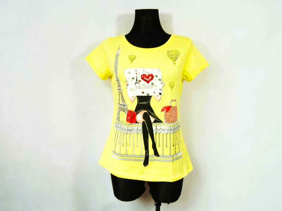 T-shirt Miss Kiss S/M żółty z napisem Paris i ozdobami