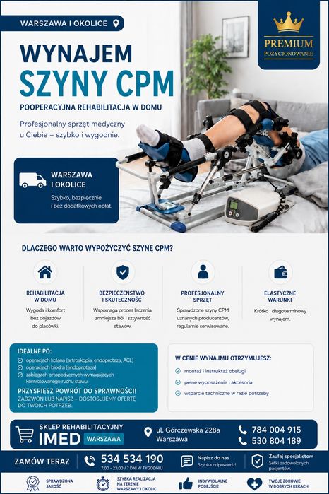 WYPOŻYCZALNIA SZYN CPM WARSZAWA – Rehabilitacja  Kolana, Biodra I Stawów | Dostawa 48h  Warszawa I okolice