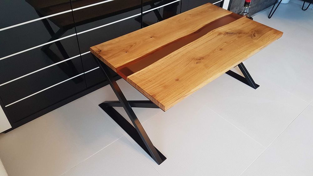 Stolik kawowy, dębowy, stolik żywica - rzeka