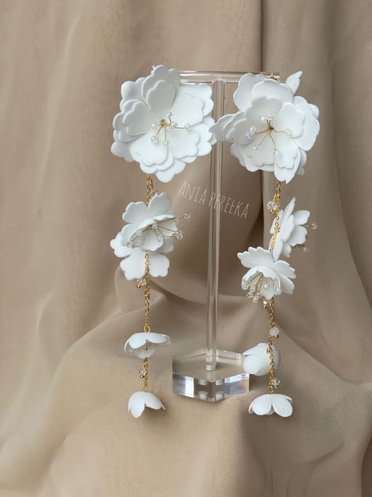 Kolczyki ślubne kwiaty złote ślub wesele