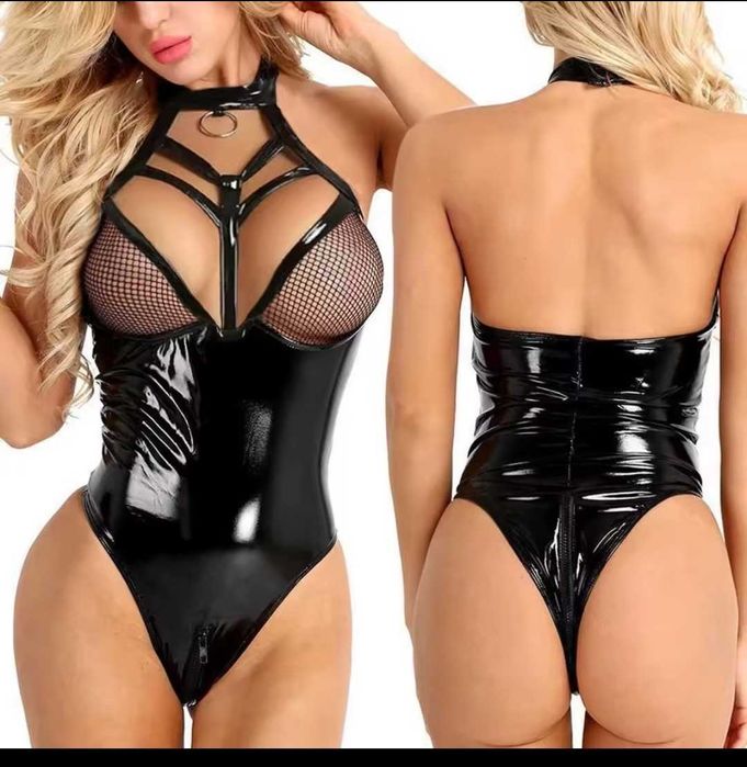 lateksowe body PU skórzana zamek w kroczu erotyczna bielizna roz M