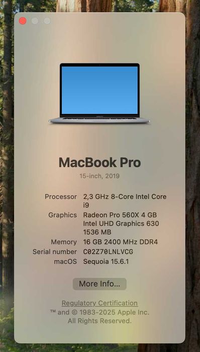 MacBook Pro 15 2019 2,3 GHz i9 16GB 4GB-video 512GB