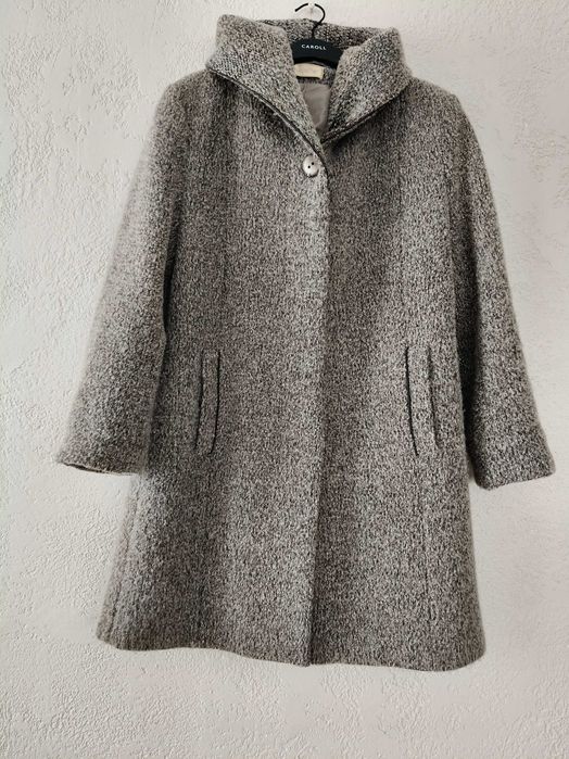 Wełniany damski płaszcz, klasyczny z kapturem, szary, M/L