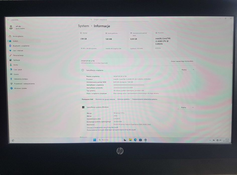 Sprzedam HP 600 g3 AIO i5-6500 , 21 cali 1920 x 1080
