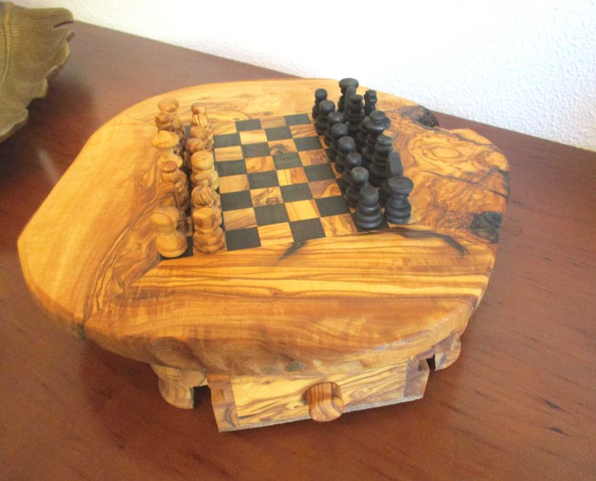 Jogo Xadrez em Madeira de Oliveira maciço - Vintage