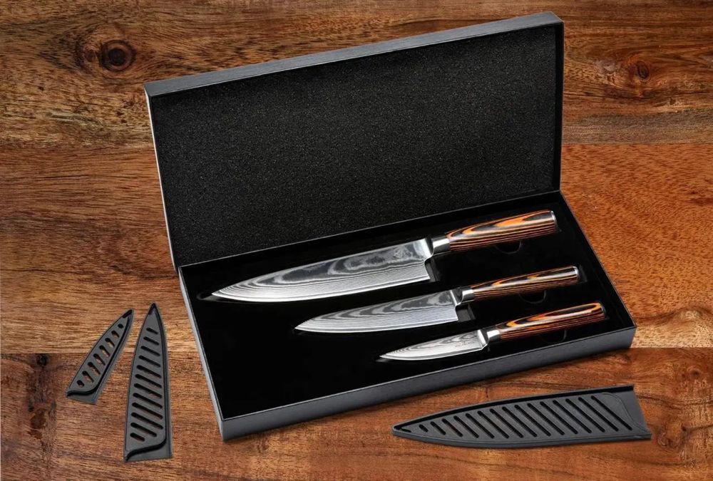 Набір кухоних ножів 3 шт дамаська сталь VG10 деревяна ручка в коробці