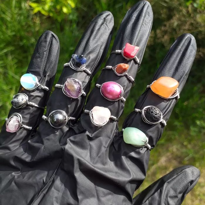 Pierścionki Handmade z naturalnymi kryształami ametyst kwarc różowy