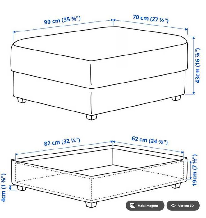 Sofá 3 lugares + Pousa pés com arrumação