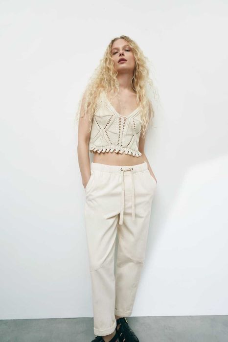 Zara Spodnie bawełniane ecru XS