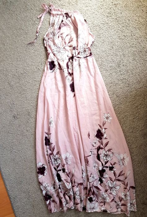 Suknia sukienka maxi różowa w kwiaty wiązana na ramiączkach S 36 M 38