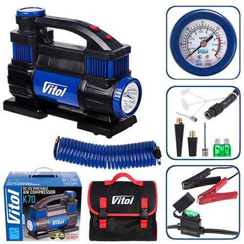 Компрессор "ViTOL" K-70 150psi/23Amp/90л/2 цилиндра/шланг 5,0м/клеммы