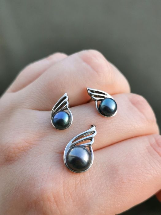 Czarne perły i srebro 925 zestaw