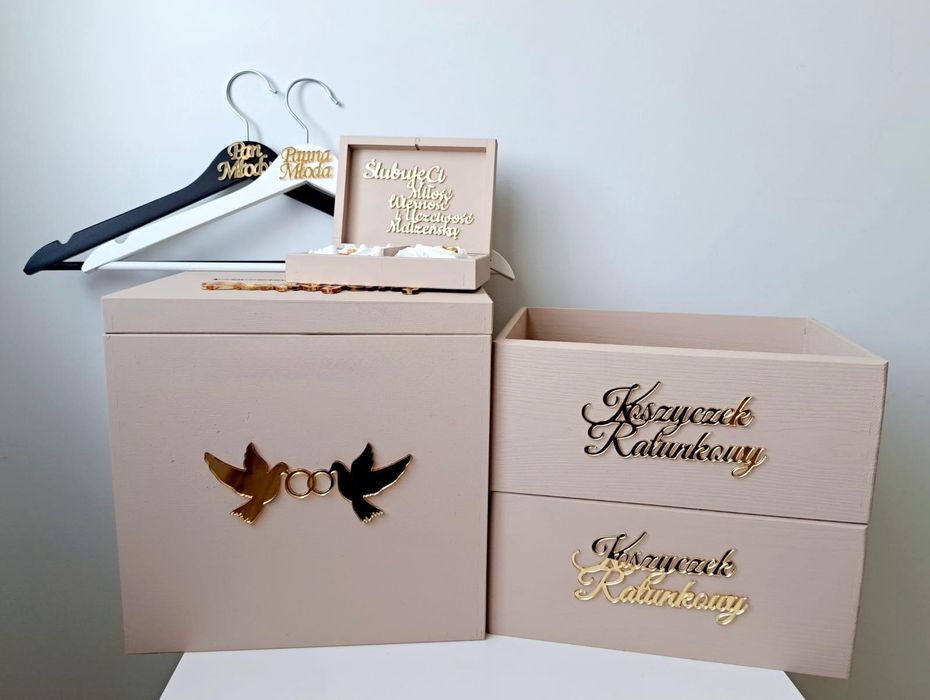Duże beżowe pudełko na koperty obrączki Wieszaki ślubne koszyczki