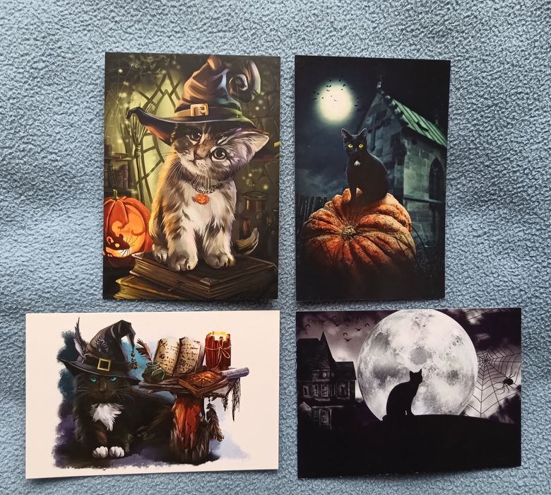 4 pocztówki z kotami  Halloween, bez obiegu