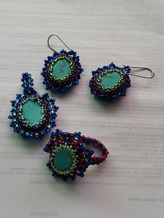 Kpl turkus pierścionek wisior kolczyk beading