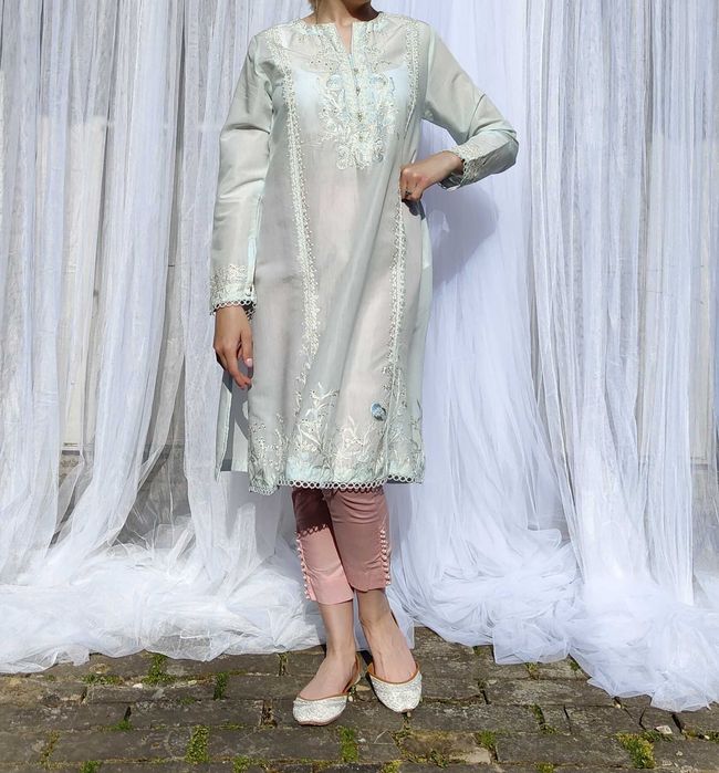 Błękitna tunika indyjska S 36 M 38 lekka przewiewna jedwab niebieska