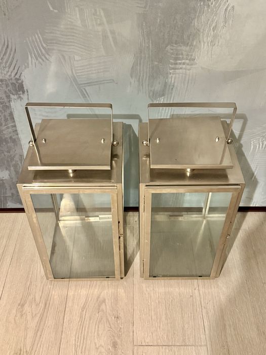 2 lanternas, porta velas, metal, vidro, decoração, arboretto