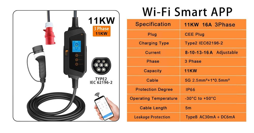 Nowa Ładowarka Wallbox WIFI 11KW 3-FAZY 16A TYP 2 + Akcesoria montażow