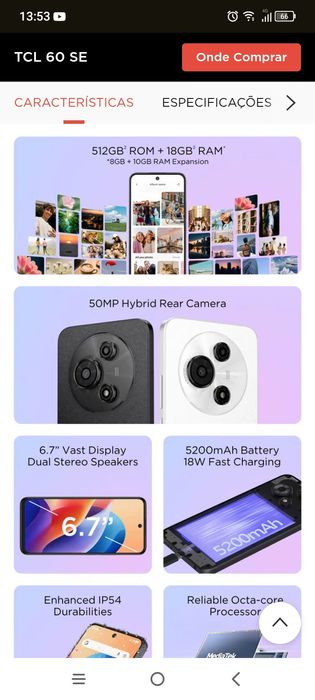 Tcl 60 se com 18 gb RAM e 512 gb memoria interna