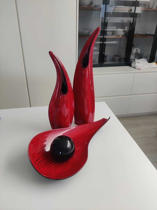 Conjunto decorativo 4 peças cerâmica - vermelho e preto