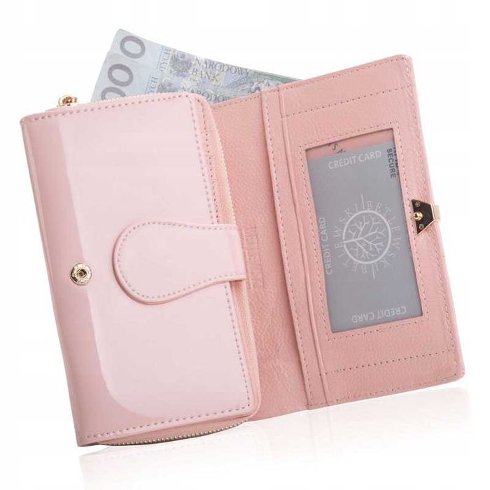 BETLEWSKI Skórzany Portfel Damski Lakierowany Ochrona RFID Na Prezent