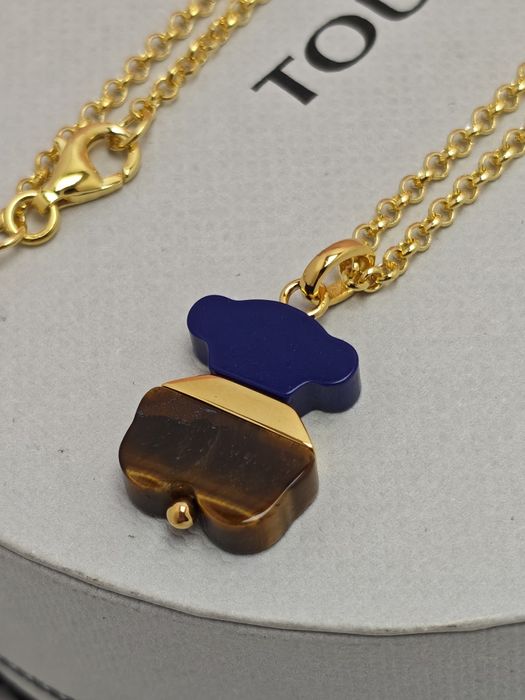 Naszyjnik z misiem żółte srebro vermeil 925 z tygrysim okiem