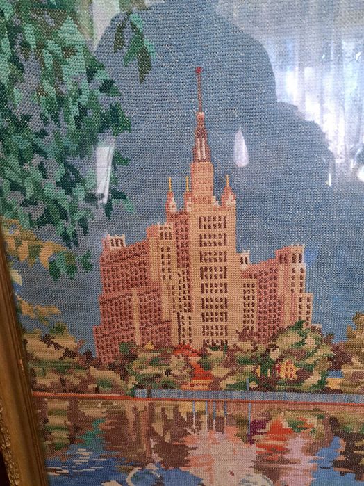Картина, Вышитая, ручная работа, стекло, рама, рамка, архитектура