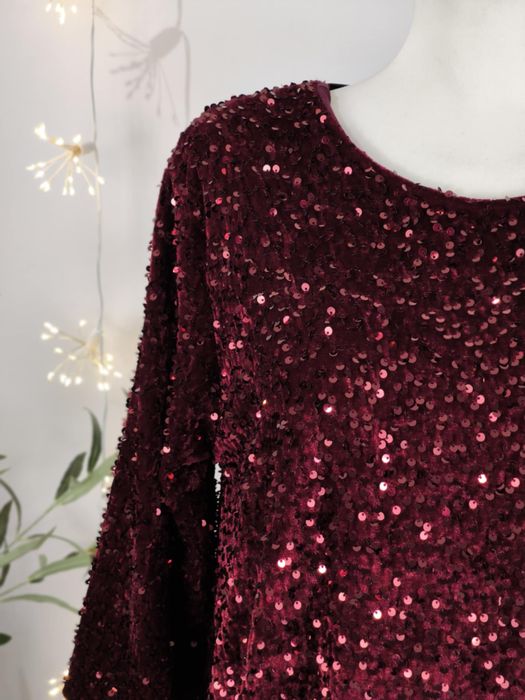 Sukienka cekinowa midi bordowa z kokardą na plecach wiskoza xl 42