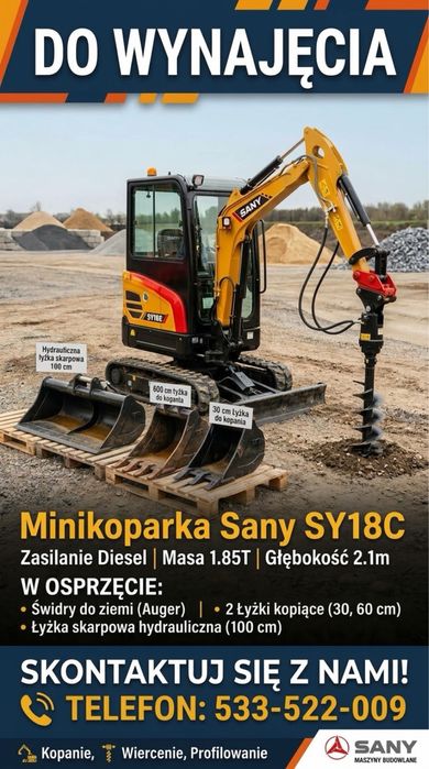 Wynajem minikoparki  | 3 łyżki (skarpówka hydrauliczna) | Opcja wiertnicy