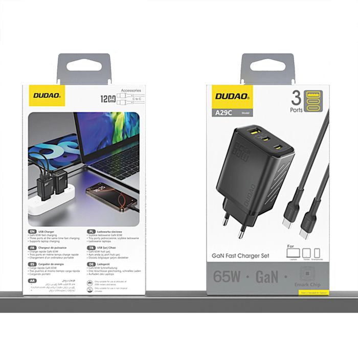Ładowarka sieciowa Dudao A29C 65W GaN + kabel USB-C - czarna