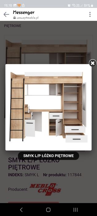 Łóżko piętrowe z biurkiem, szafą i półkami