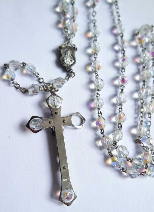 Różaniec piękny szklany opalizujący vintage duży naszyjnik