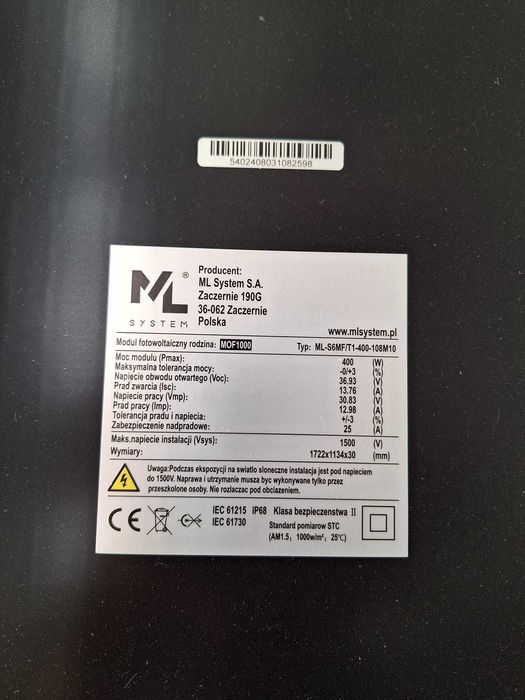 Moduł Fotowoltaiczny ML System 400 W [1722x1134x30] Full Black SLIM