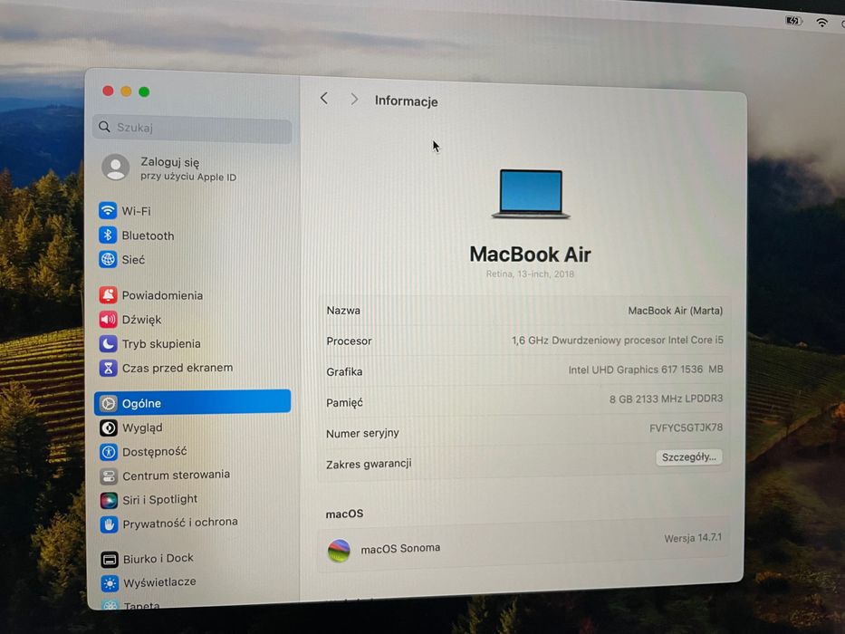 MacBook Air (Retina, 13-inch,2018) A1932, 8 RAM, 256 dysk