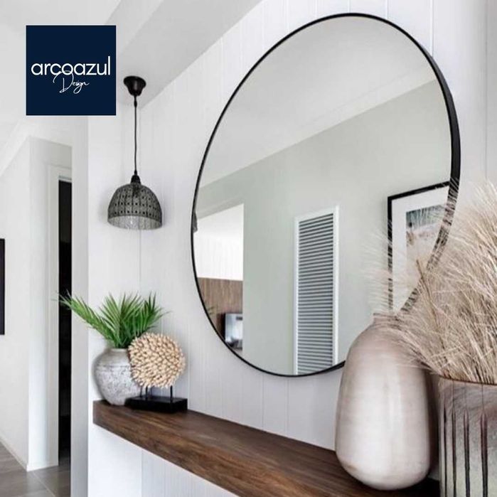 Espelho Preto com Moldura Preta Mate de Alumínio 80cm By Arcoazul