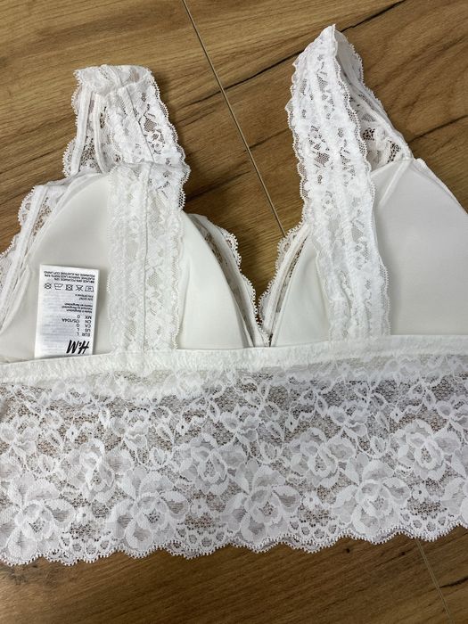 NOWY komplet bielizny H&M biustonosz + figi, biały, koronkowy M/L