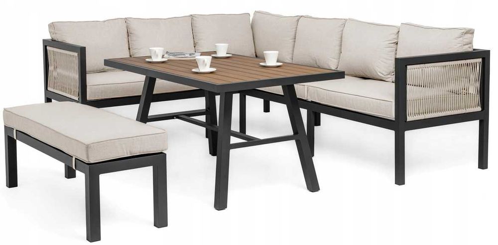 Meble ogrodowe tarasowe aluminiowe beżowe narożnik stół ławka obiadowy