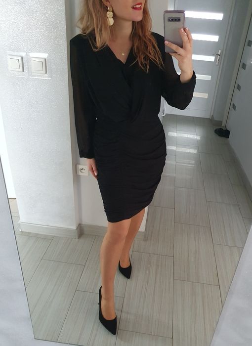 Mała czarna sukienka marszczona nowa z metką! Polska marka + broszka