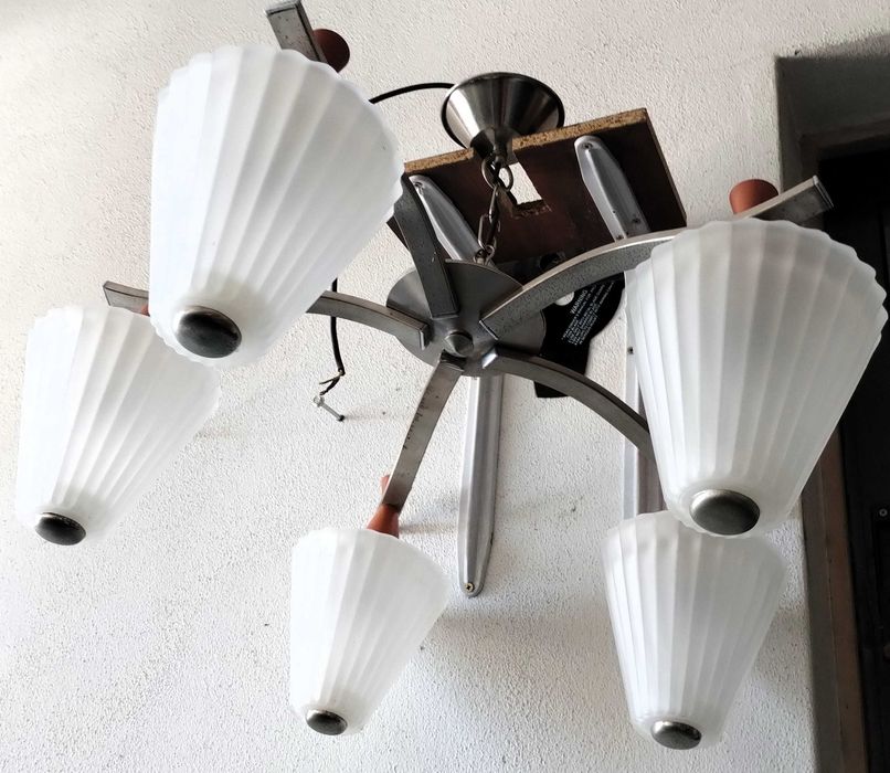 Candeeiro Tecto 5 Lustres Metal Madeira Vidro