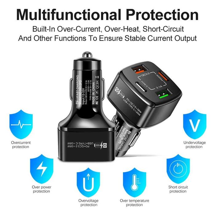 Автомобильная быстрая зарядка USB 38W QC 3.0 PD USB-A Type-C