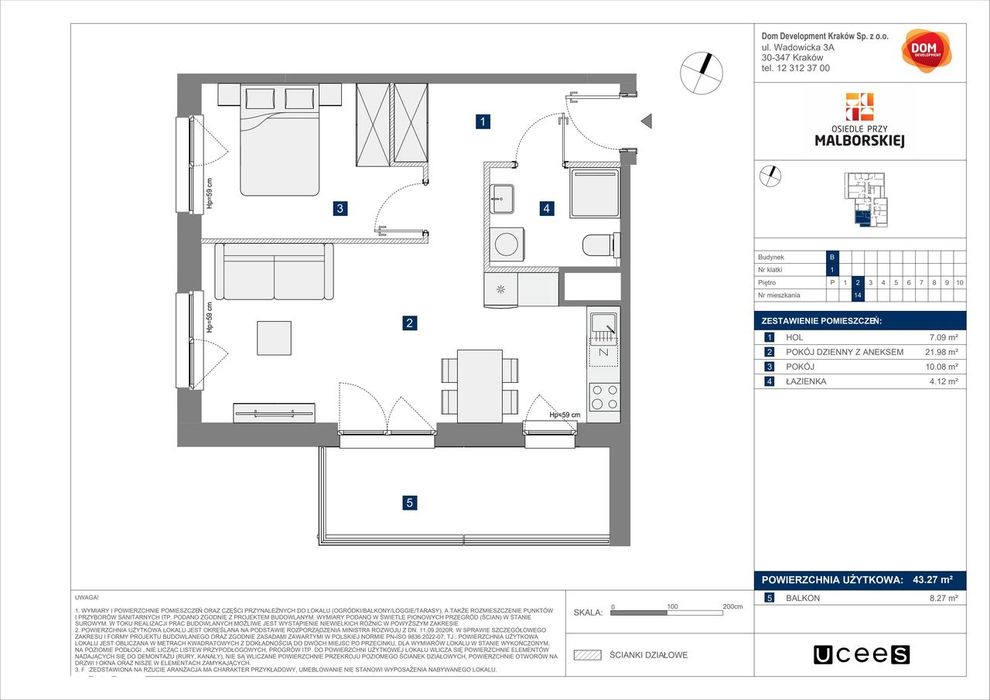 2-pokojowe mieszkanie 43m2 + balkon Bez Prowizji