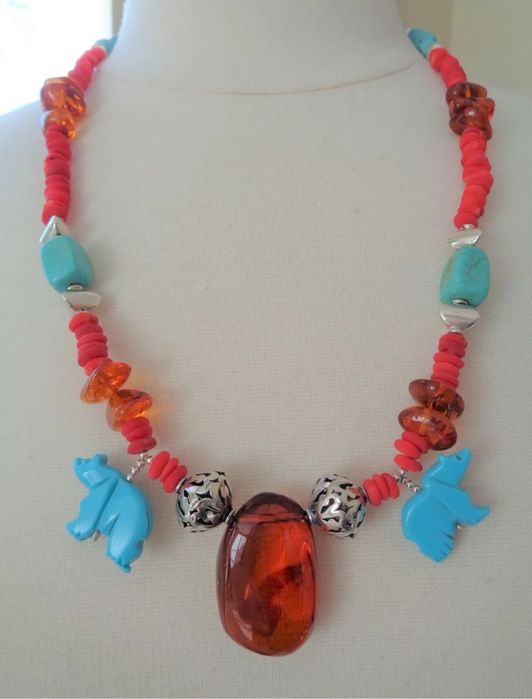 Массивное колье натуральный янтарь бирюза коралл импорт серебро 925