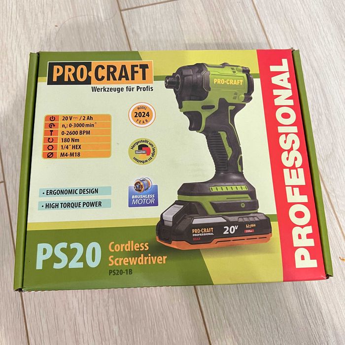 Акумуляторний гвинтоверт Procraft PS20 20V, 1 АКБ 2Ah, безщітковий