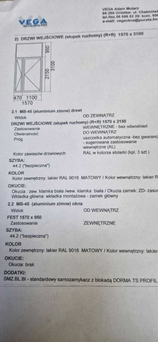 Drzwi, ścianka Aluminiowe białe wym. 1570 x 3100/2200