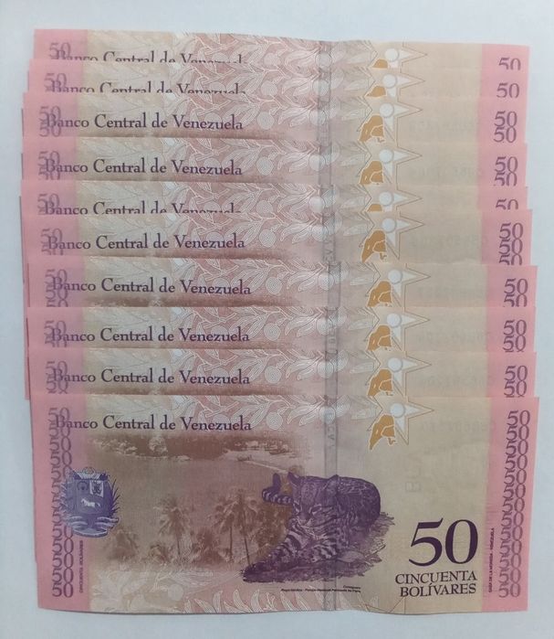 Lote 10 notas 50 Bolivares- numeração seguida UNC