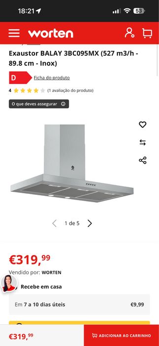 Exaustor de chamine  BALAY 3BC095MX (527 m3/h - 89.8 cm - Inox)