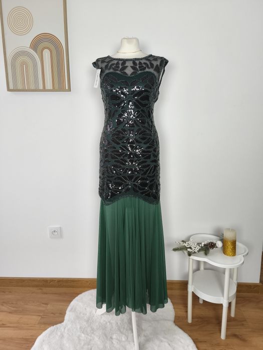 Suknia typu flapper S/ M, nowa z metką, ciemnozielona, suknia wieczoro