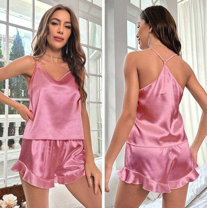 Piżama satynowa damska różowa spodenki top dwuczęściowa
